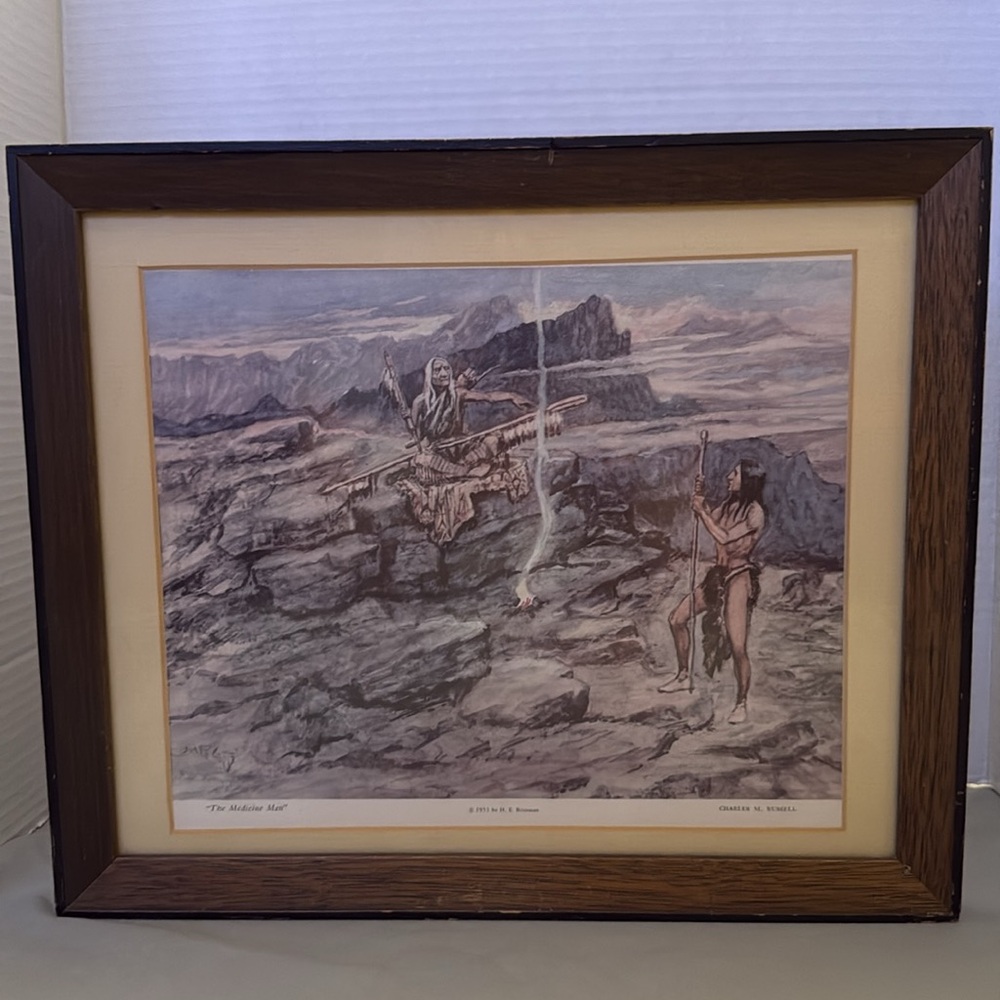 Vintage Rustic Framed Art Print Native American Medicine Man by CM Russell